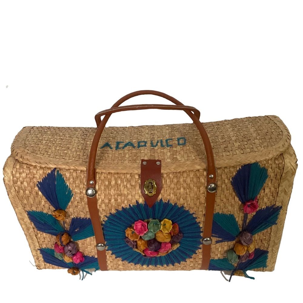 Acapulco Vintage 60s Raffia Bag; Hand Embroidered Folk Art; Boho Woven; Vacation